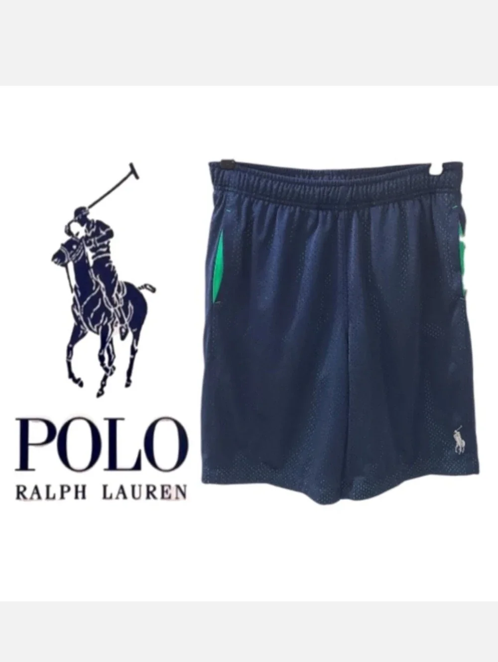 Polo Ralph Lauren Mesh Athletic Shorts Boy's Navy Blue & Neon Green Sz L